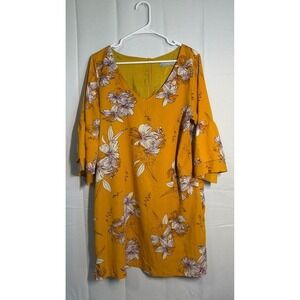 Belongsci Floral Shift Dress Large Mustard Yellow Ruffle Bell Sleeve